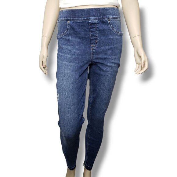 Spanx Distressed Ankle Skinny Jeans Womens Large Released Hem Fray‎ Pull On - Picture 1 of 10